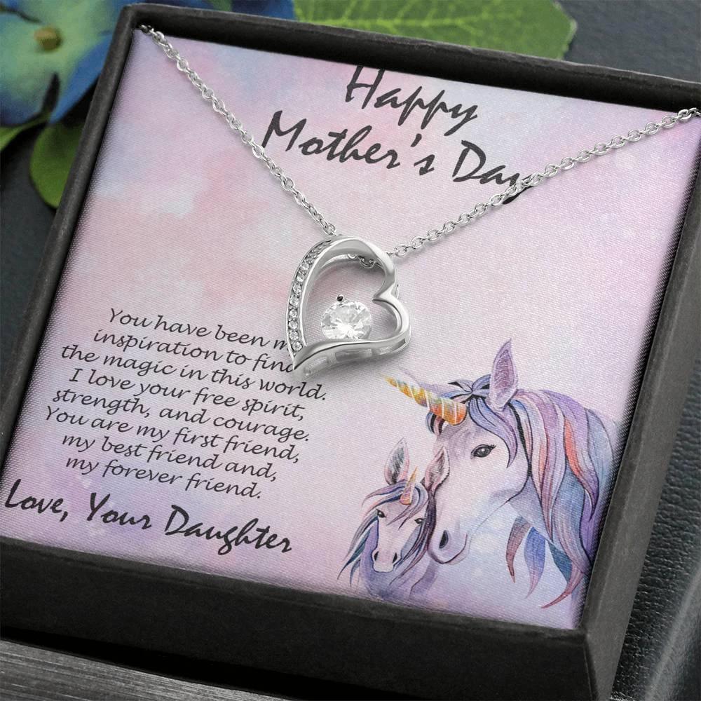 Mother's Day Gift from Daughter Forever Love Heart Pendant Necklace Unicorn Message Card
