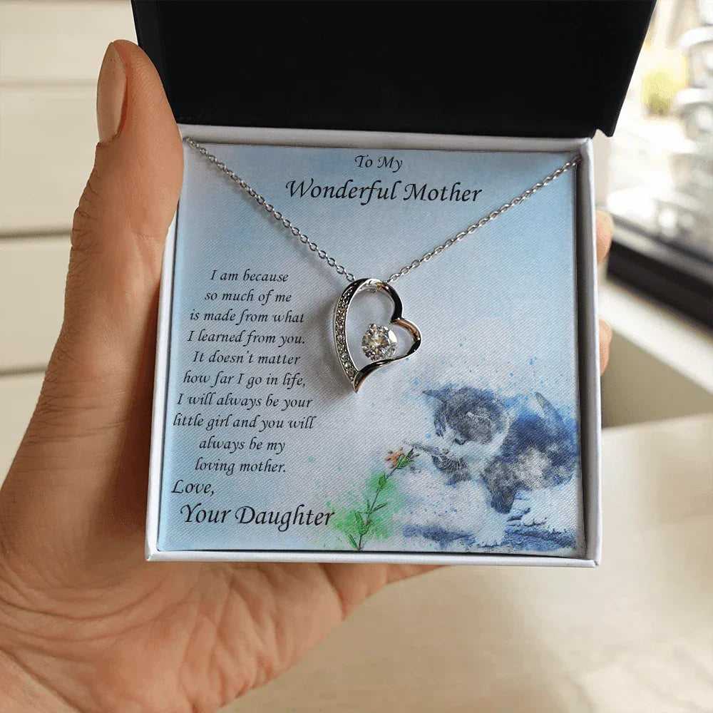 Gift for Mother from Daughter Forever Love Heart Pendant Necklace with Kitten Message Card