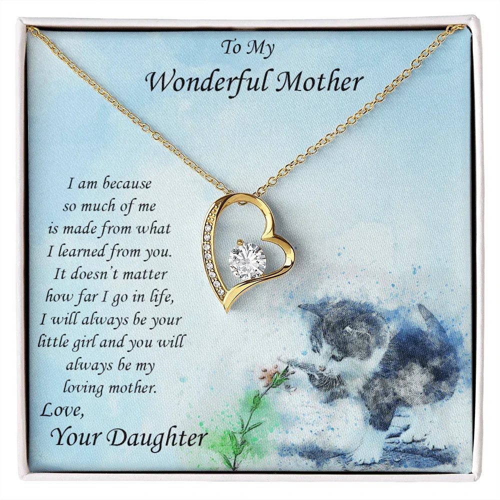 Gift for Mother from Daughter Forever Love Heart Pendant Necklace with Kitten Message Card