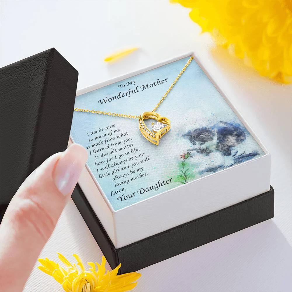 Gift for Mother from Daughter Forever Love Heart Pendant Necklace with Kitten Message Card