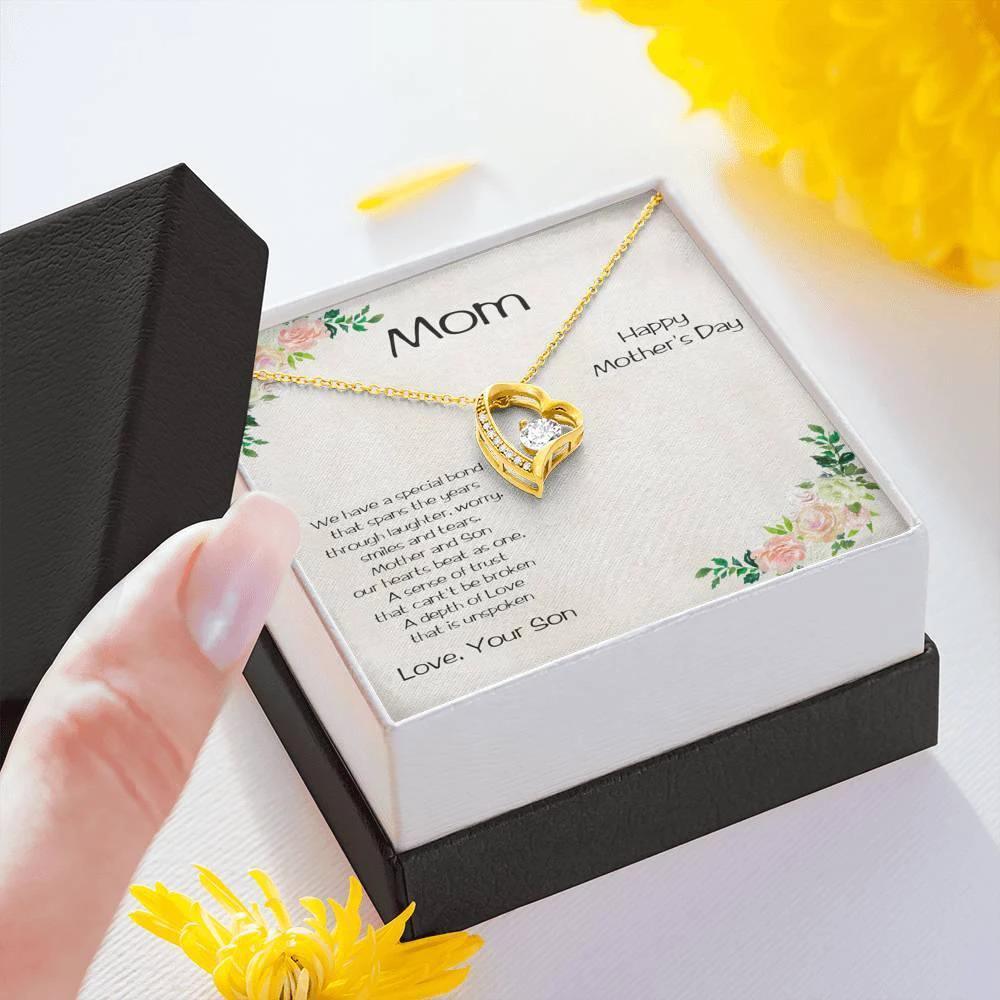 Gift for Mother from Son Forever Love Heart Necklace Vintage Rose Message Card