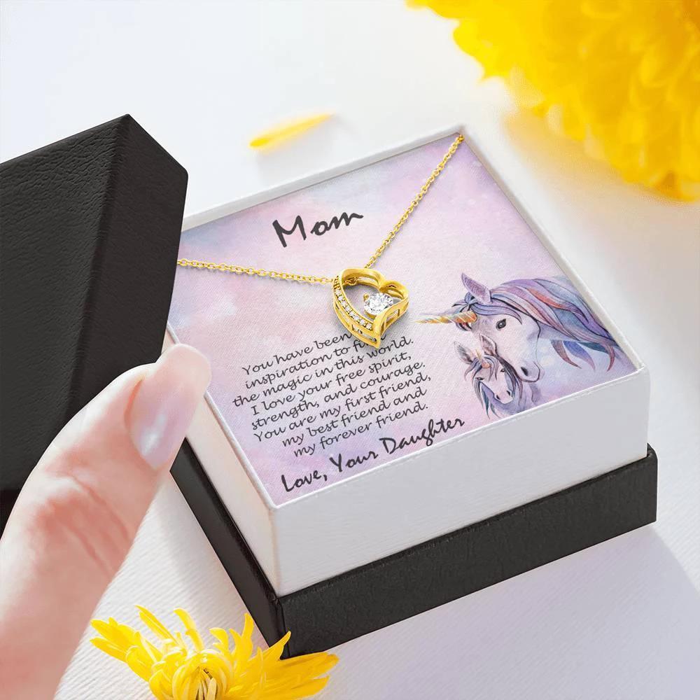 Gift for Mother Forever Love Heart Pendant Necklace From Daughter Unicorn Message Card