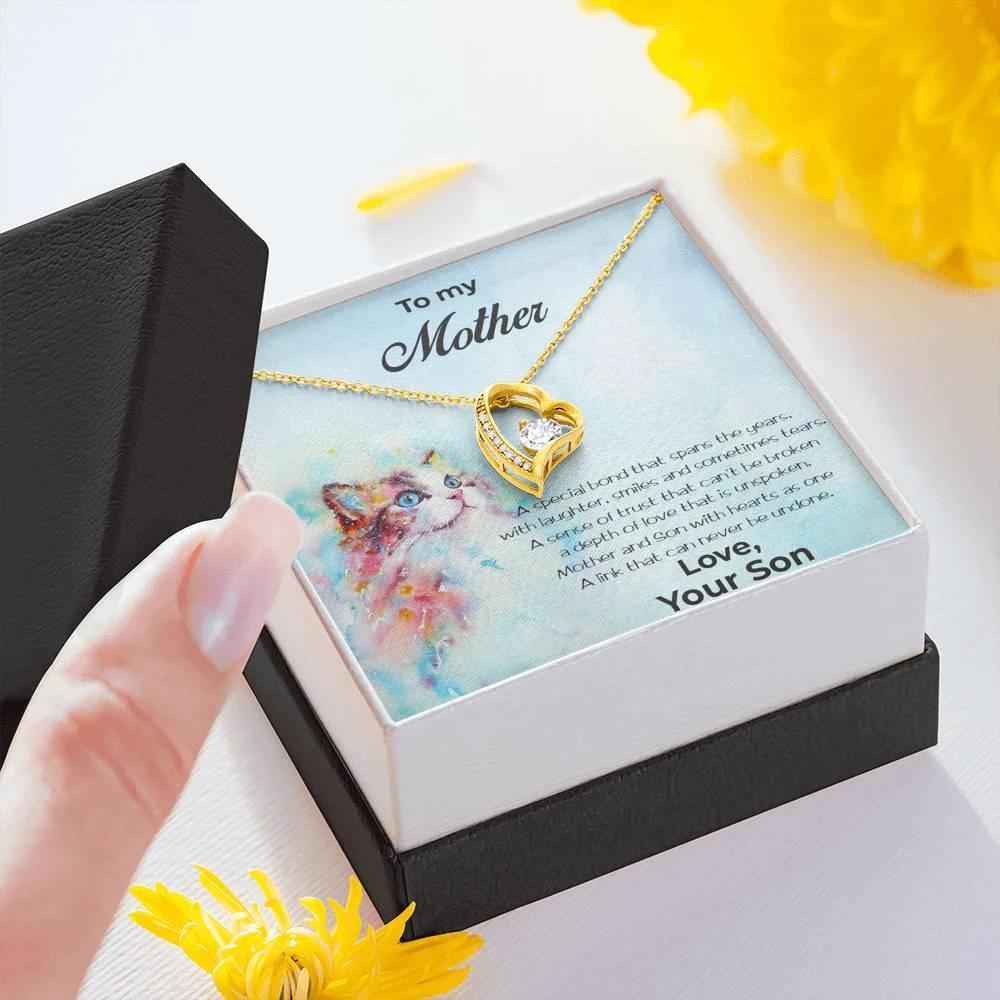 Gift for Mother From Son Forever Love Heart Pendant Necklace Cat Message Card