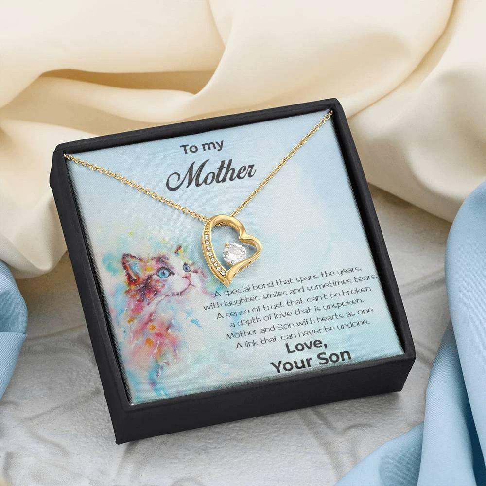 Gift for Mother From Son Forever Love Heart Pendant Necklace Cat Message Card
