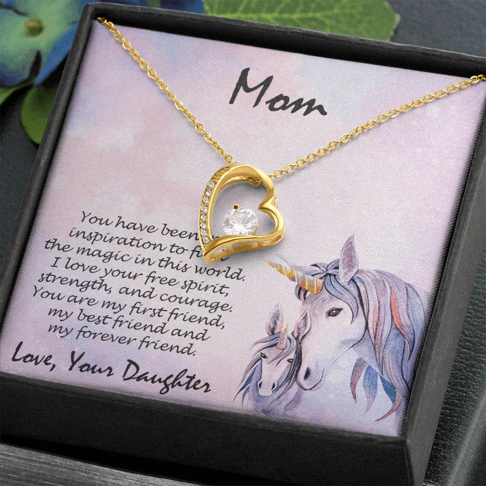 Gift for Mother Forever Love Heart Pendant Necklace From Daughter Unicorn Message Card