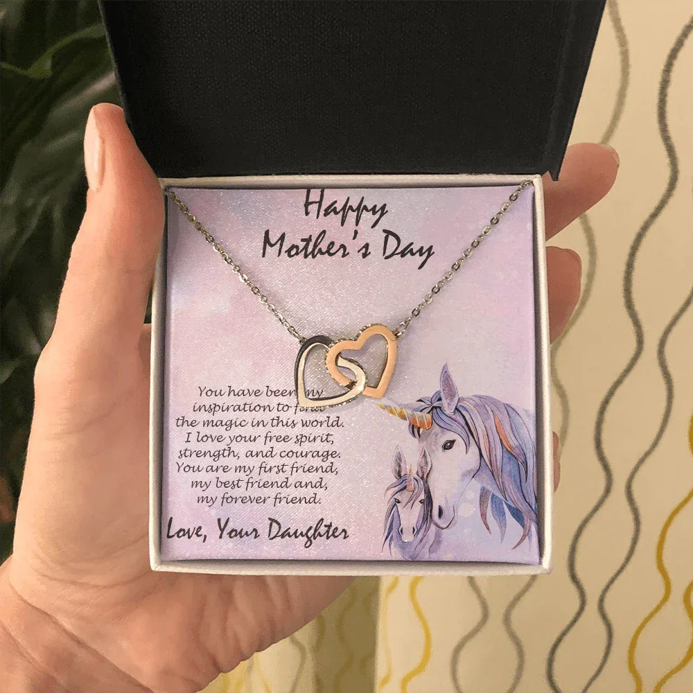 Mother's Day Gift from Daughter Gold and Silver Hearts Pendant Necklace on Unicorn Message Card