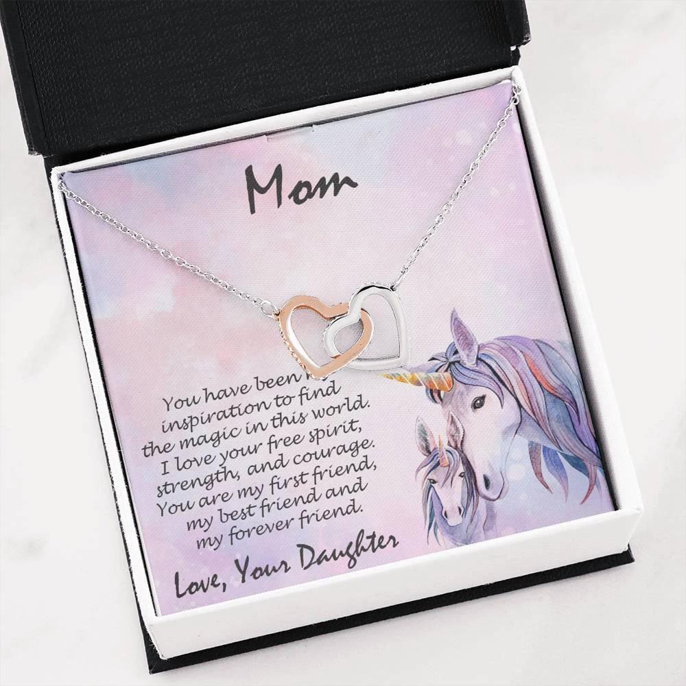 Gift for Mother from Daughter Gold and Silver Hearts Pendant Necklace on a Unicorn Message Card