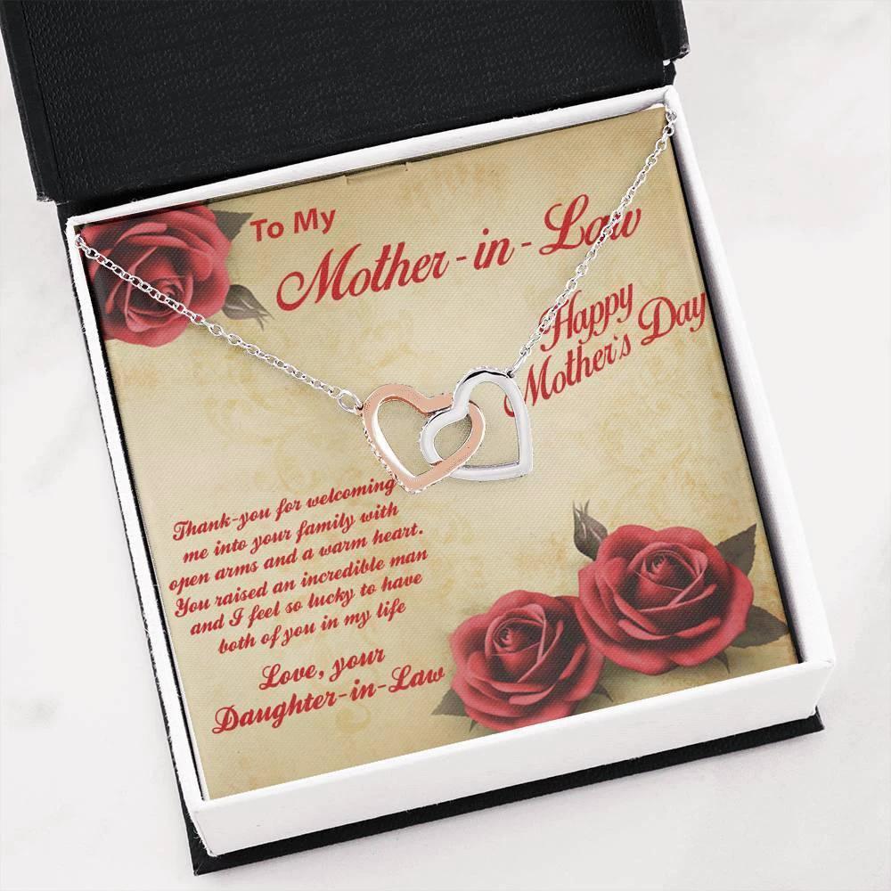 Mother's Day Gold and Silver Heart Necklace for Mother-in-Law from Daughter in Law with Message Card