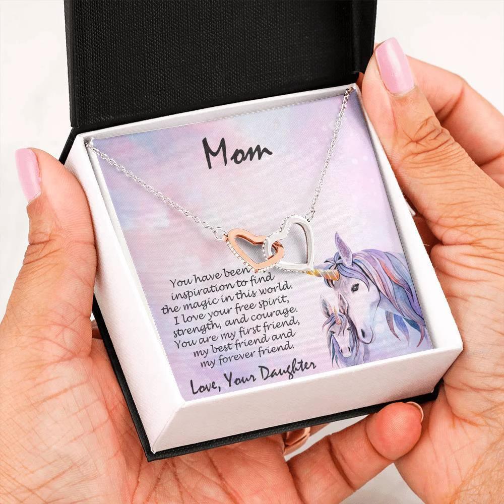 Gift for Mother from Daughter Gold and Silver Hearts Pendant Necklace on a Unicorn Message Card