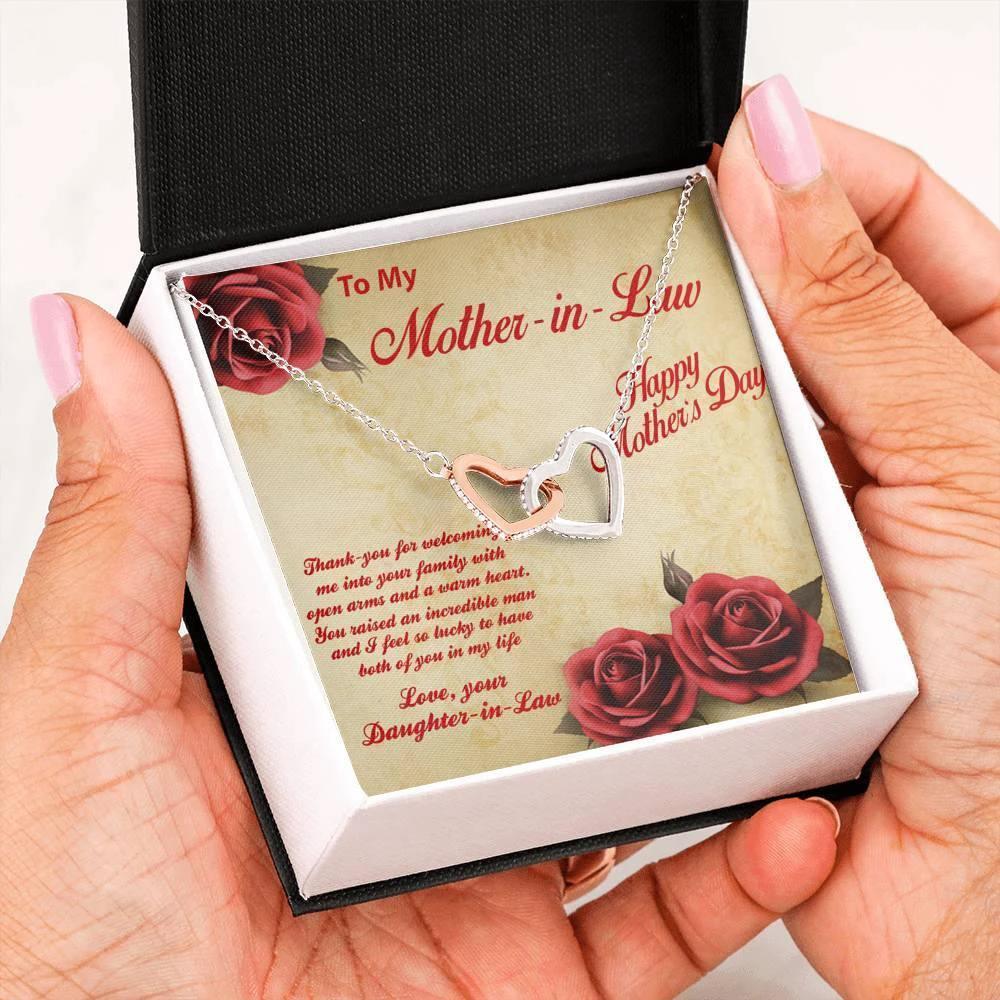 Mother's Day Gold and Silver Heart Necklace for Mother-in-Law from Daughter in Law with Message Card