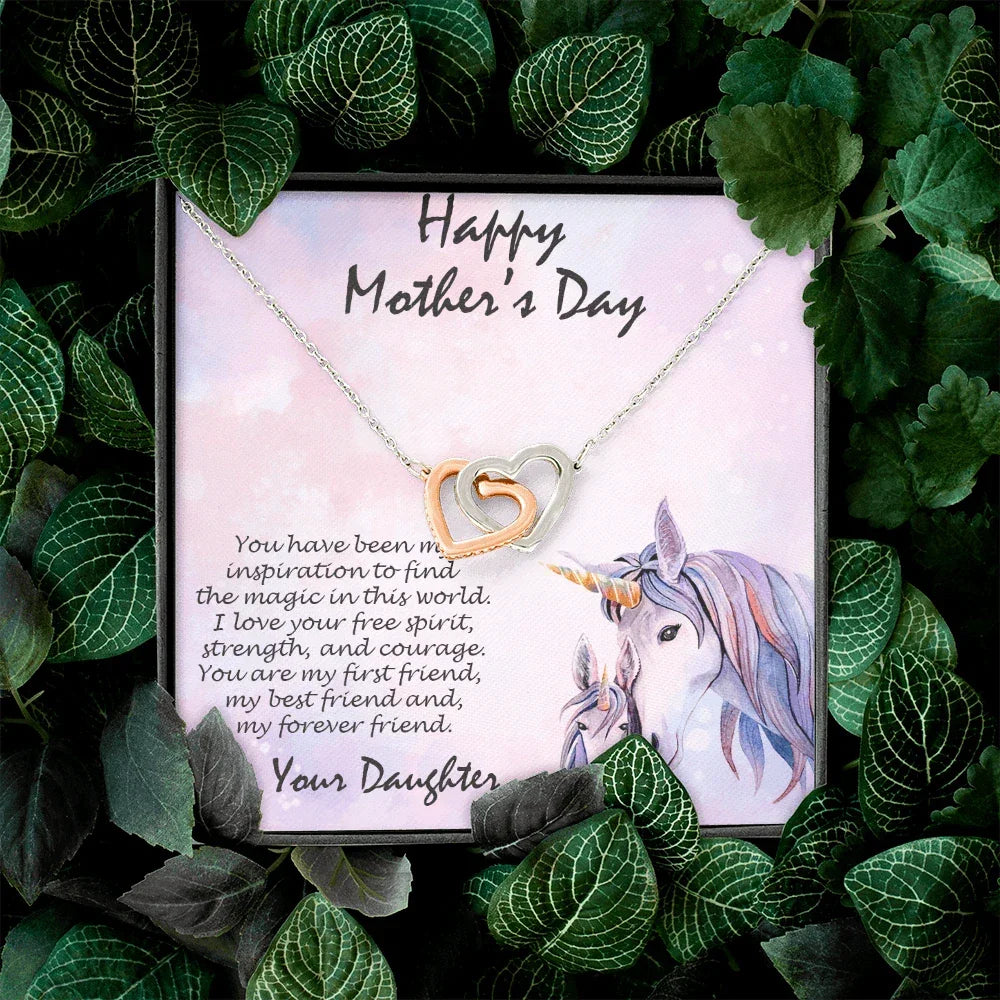 Mother's Day Gift from Daughter Gold and Silver Hearts Pendant Necklace on Unicorn Message Card