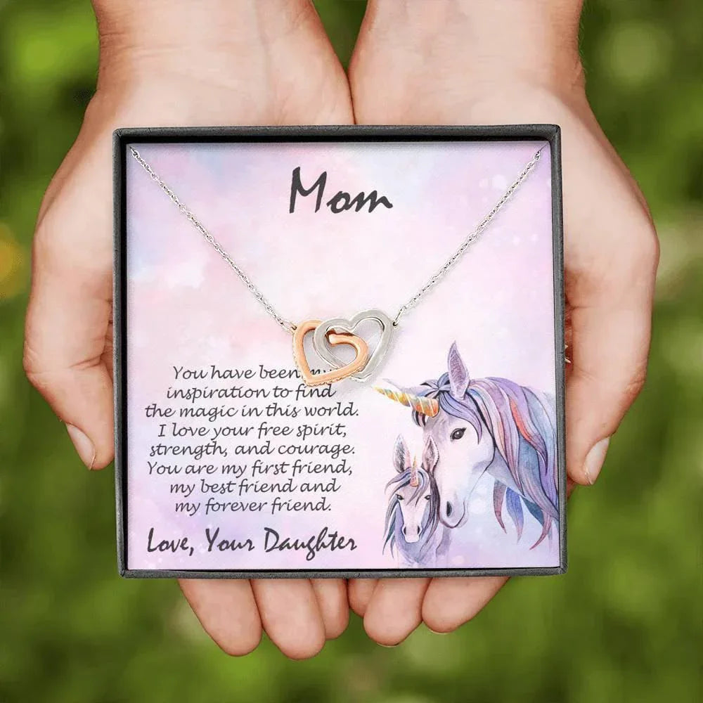 Gift for Mother from Daughter Gold and Silver Hearts Pendant Necklace on a Unicorn Message Card