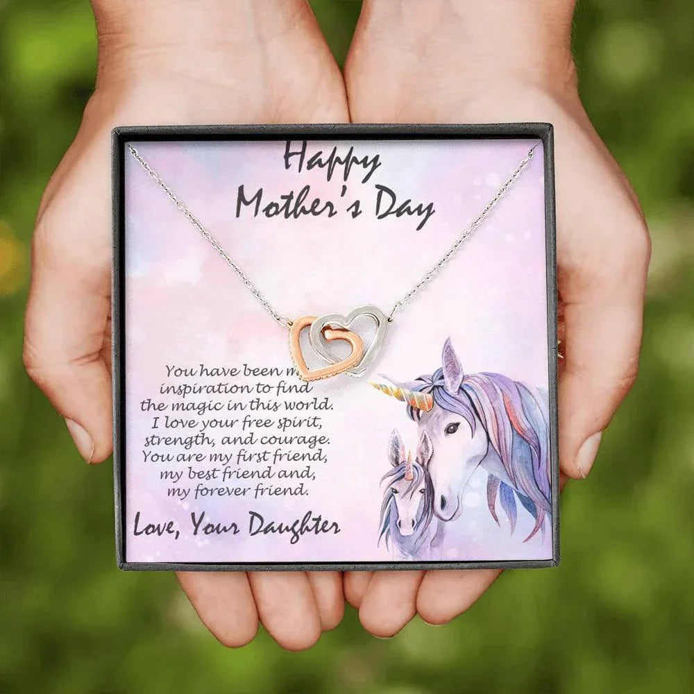 Mother's Day Gift from Daughter Gold and Silver Hearts Pendant Necklace on Unicorn Message Card