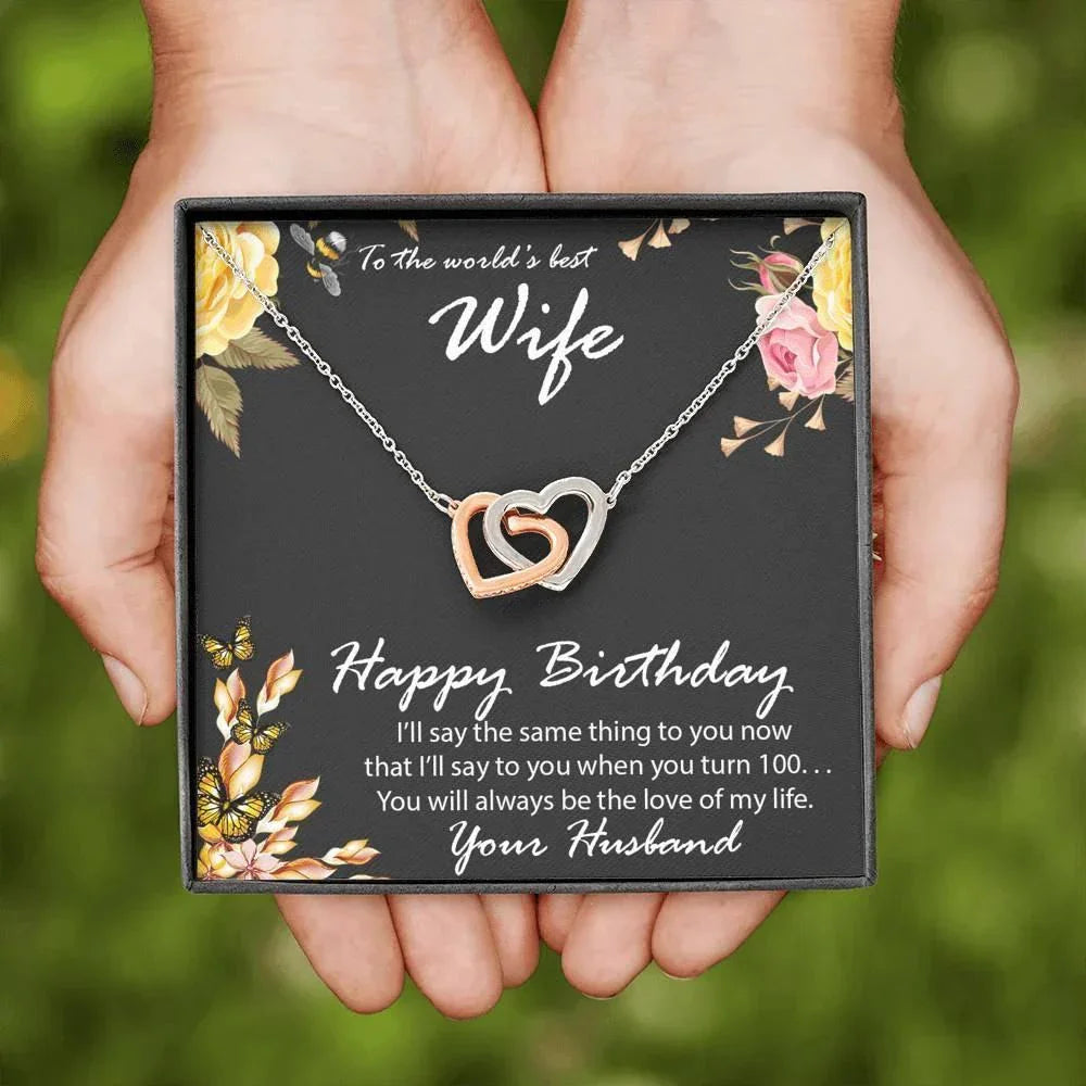 Birthday Gift for Wife Gold and Silver Hearts CZ Pendant Necklace with Message Card
