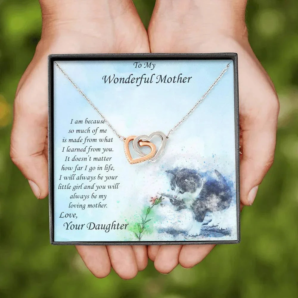 Gift for Mother from Daughter Gold and Silver Hearts Pendant Necklace on Kitten Message Card