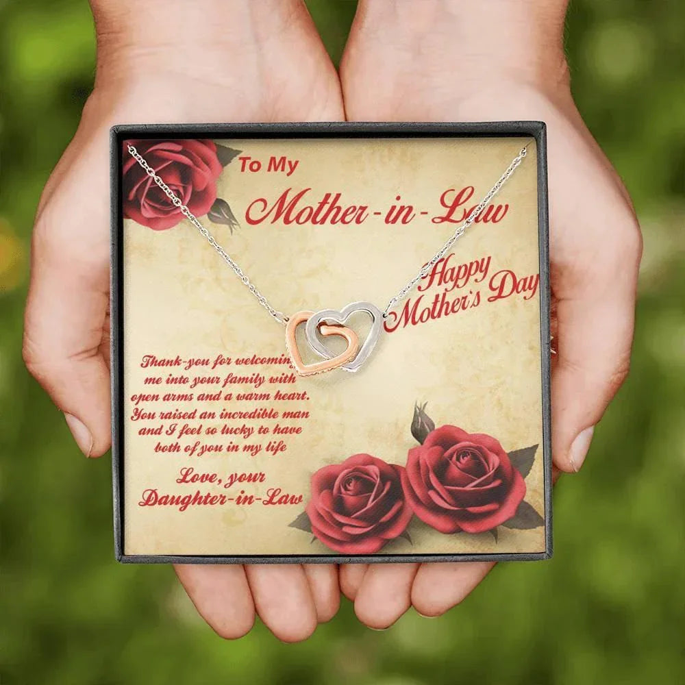 Mother's Day Gold and Silver Heart Necklace for Mother-in-Law from Daughter in Law with Message Card