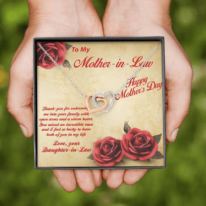 Mother's Day Gold and Silver Heart Necklace for Mother-in-Law from Daughter in Law with Message Card - Mallard Moon Gift Shop