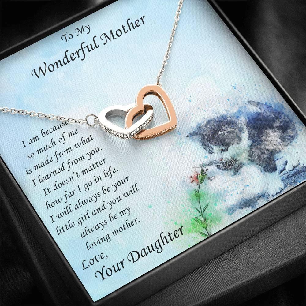 Gift for Mother from Daughter Gold and Silver Hearts Pendant Necklace on Kitten Message Card