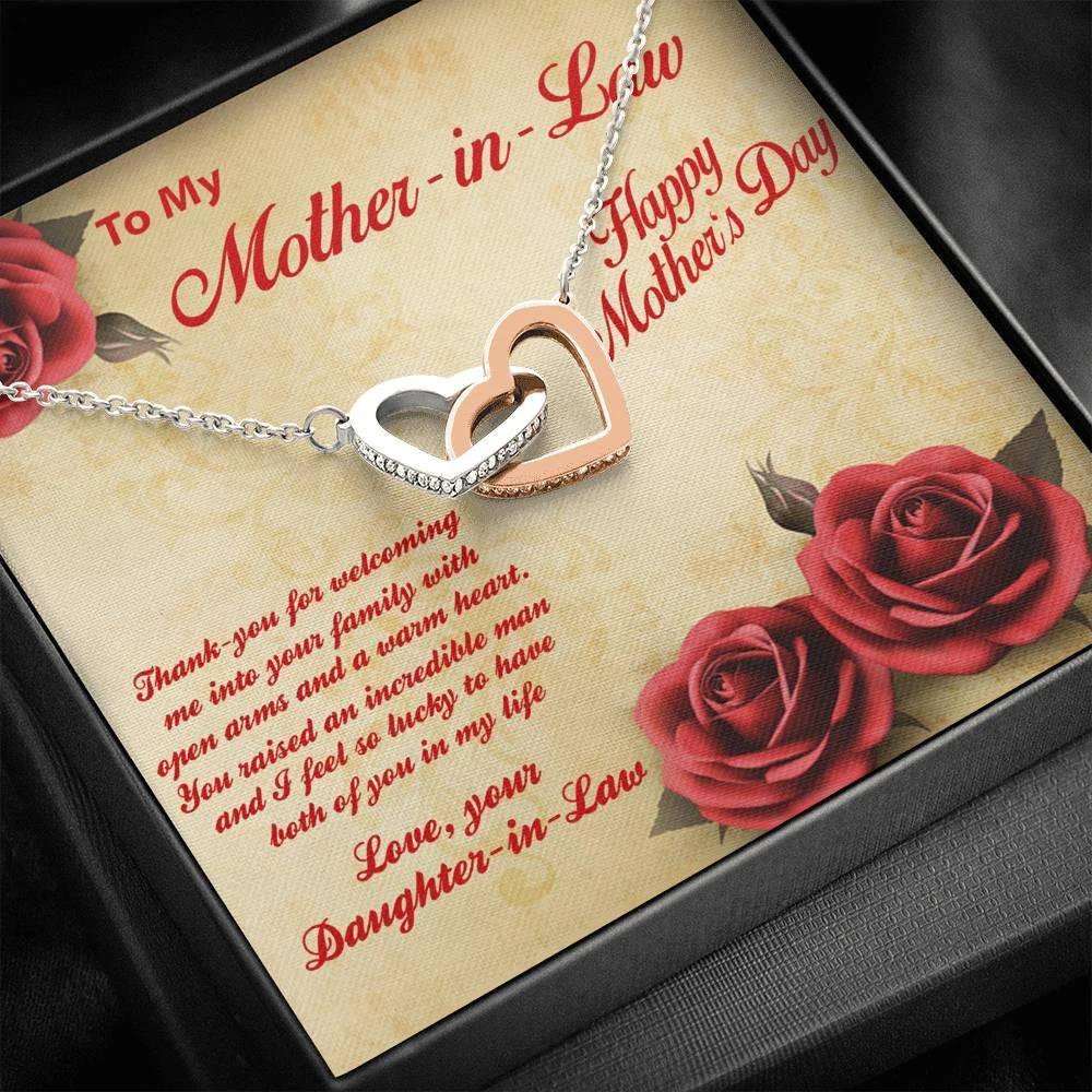 Mother's Day Gold and Silver Heart Necklace for Mother-in-Law from Daughter in Law with Message Card