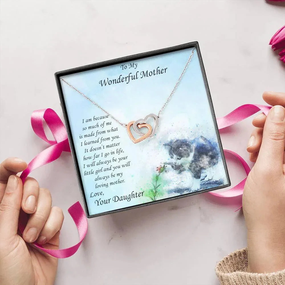 Gift for Mother from Daughter Gold and Silver Hearts Pendant Necklace on Kitten Message Card