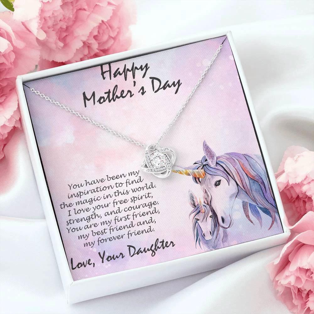 Mother's Day Gift from Daughter CZ Love Knot Pendant Necklace with Unicorn Message Card
