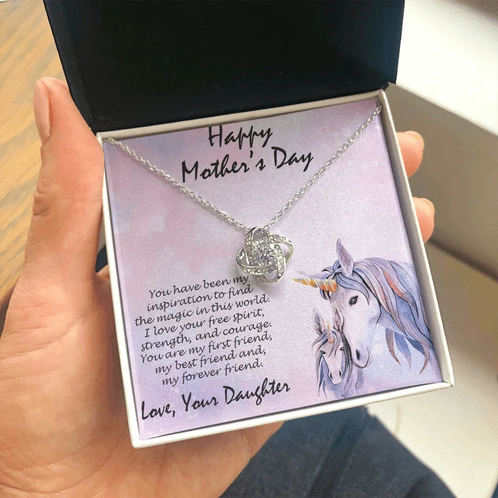 Mother's Day Gift from Daughter CZ Love Knot Pendant Necklace with Unicorn Message Card