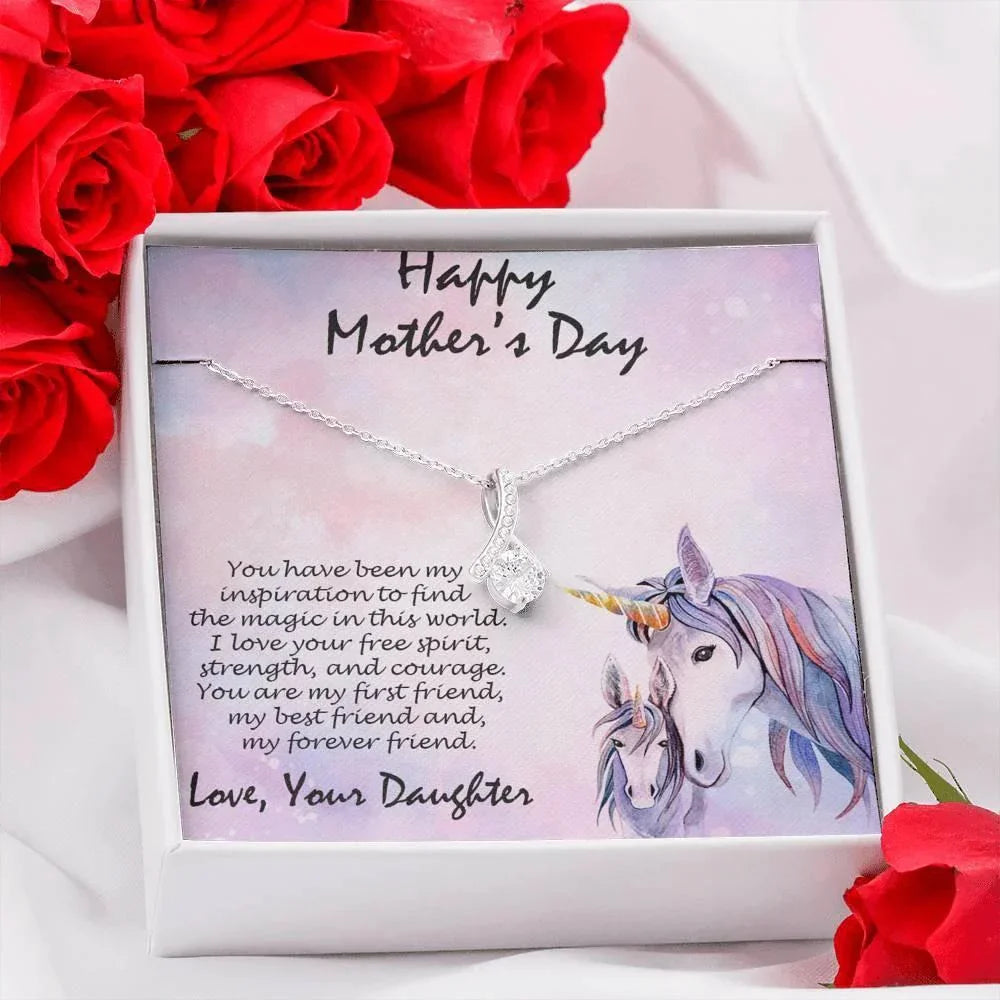 Mother's Day Gift from Daughter CZ Pendant Necklace with Custom Unicorn Message Card and Gift Box