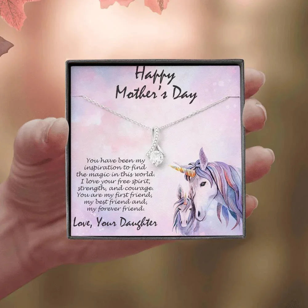 Mother's Day Gift from Daughter CZ Pendant Necklace with Custom Unicorn Message Card and Gift Box