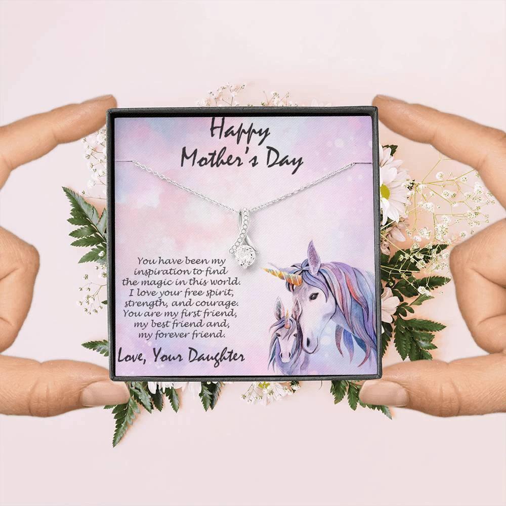 Mother's Day Gift from Daughter CZ Pendant Necklace with Custom Unicorn Message Card and Gift Box