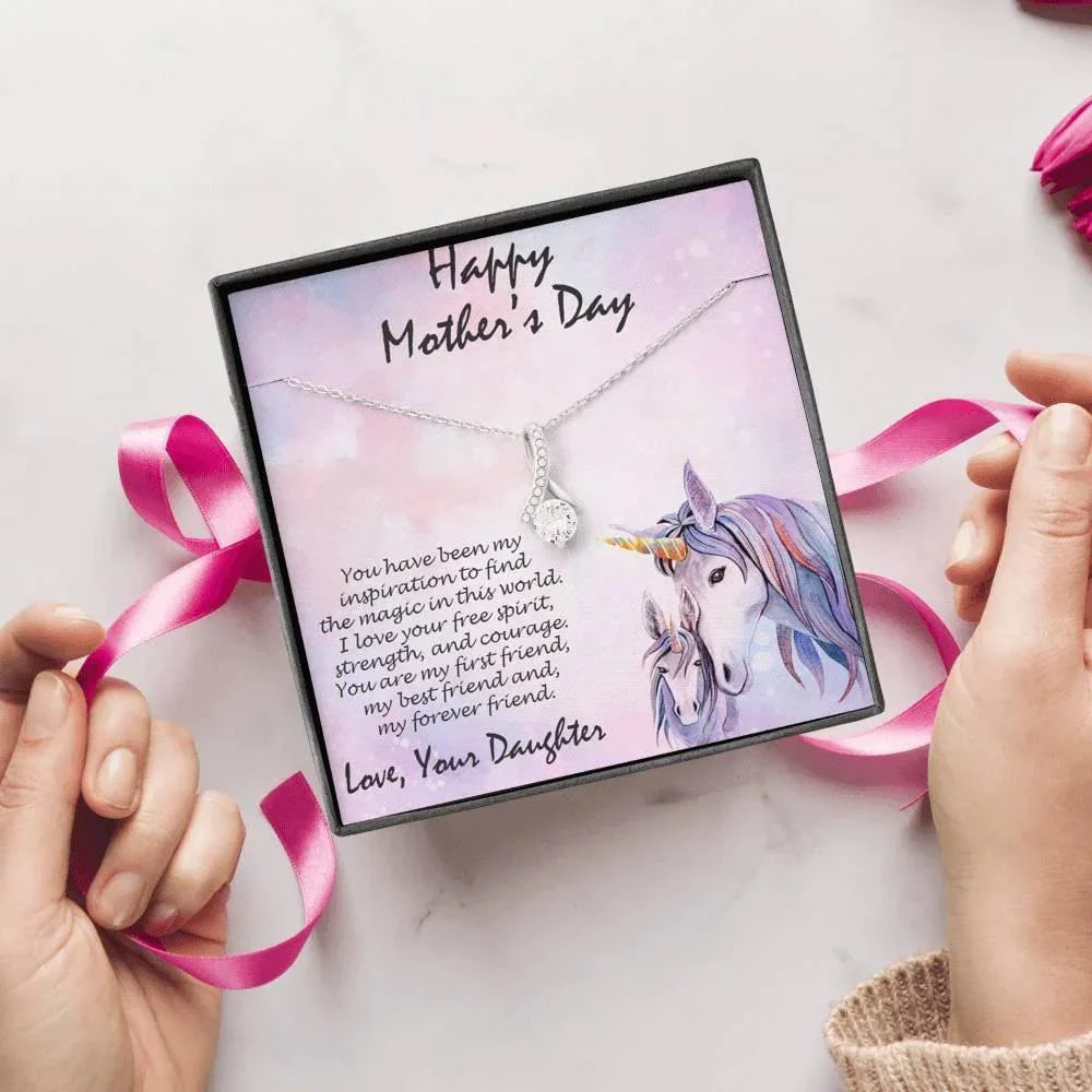 Mother's Day Gift from Daughter CZ Pendant Necklace with Custom Unicorn Message Card and Gift Box