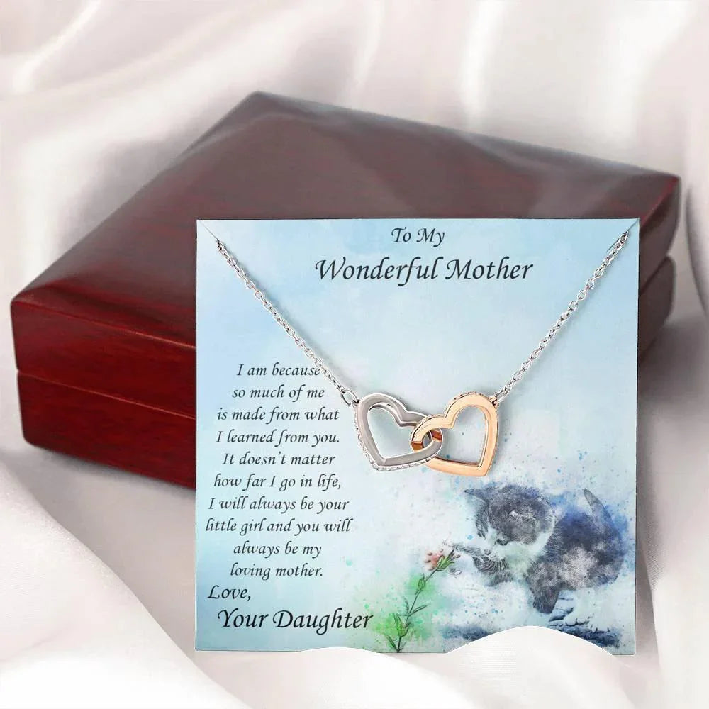 Gift for Mother from Daughter Gold and Silver Hearts Pendant Necklace on Kitten Message Card