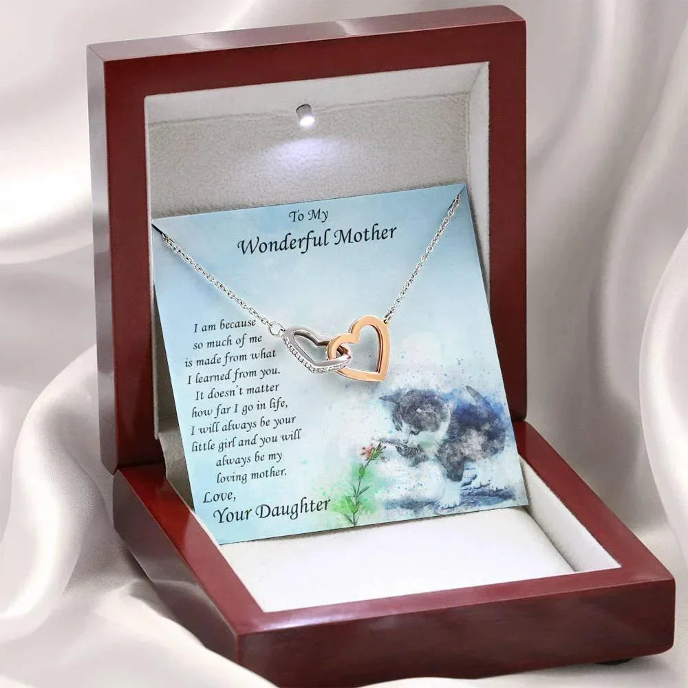 Gift for Mother from Daughter Gold and Silver Hearts Pendant Necklace on Kitten Message Card