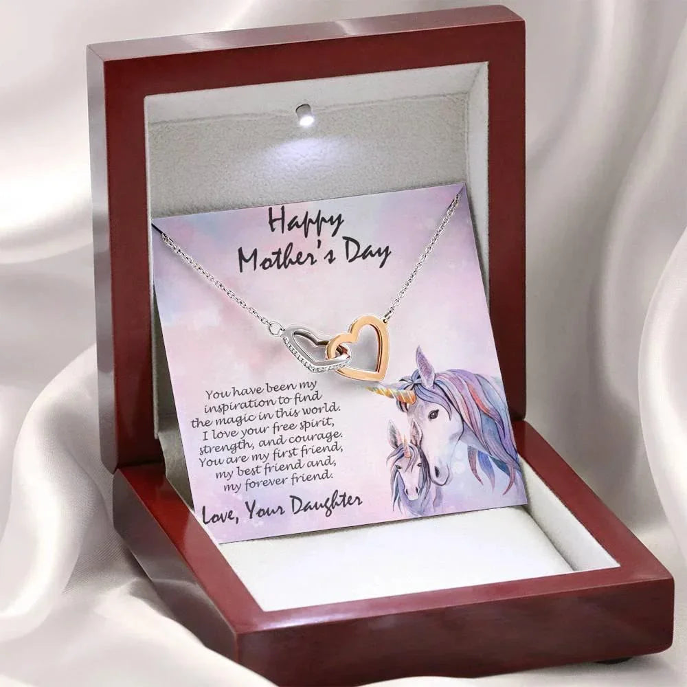 Mother's Day Gift from Daughter Gold and Silver Hearts Pendant Necklace on Unicorn Message Card