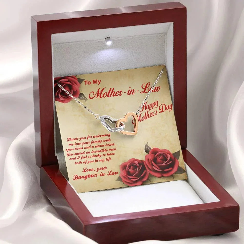 Mother's Day Gold and Silver Heart Necklace for Mother-in-Law from Daughter in Law with Message Card