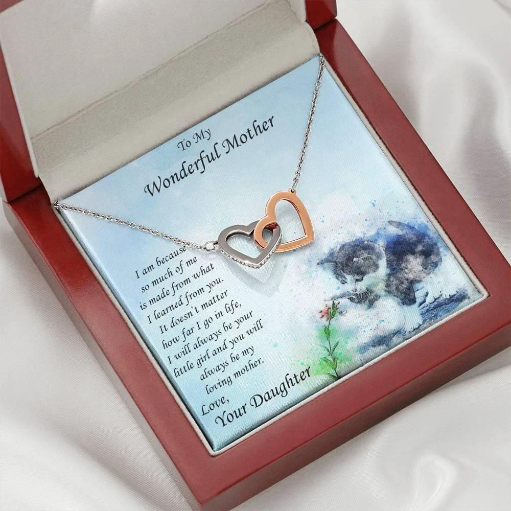 Gift for Mother from Daughter Gold and Silver Hearts Pendant Necklace on Kitten Message Card