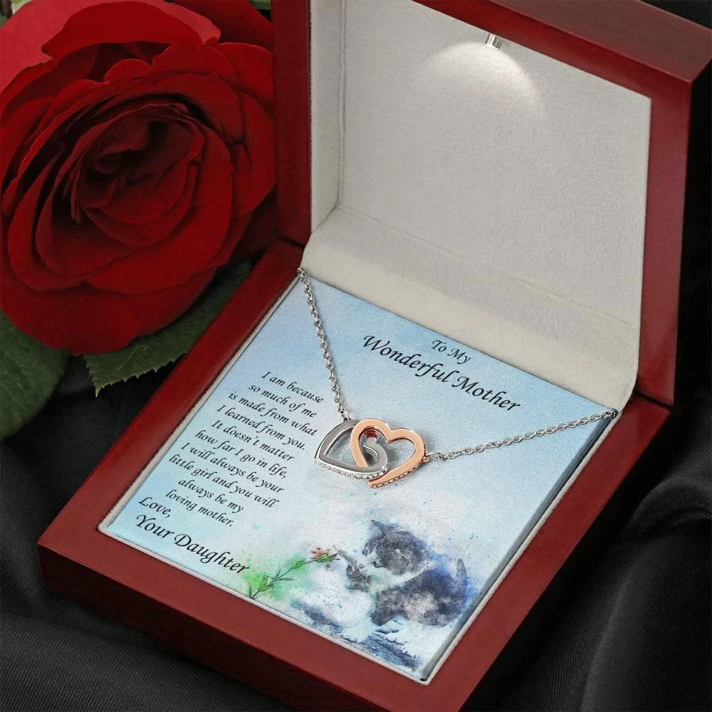 Gift for Mother from Daughter Gold and Silver Hearts Pendant Necklace on Kitten Message Card