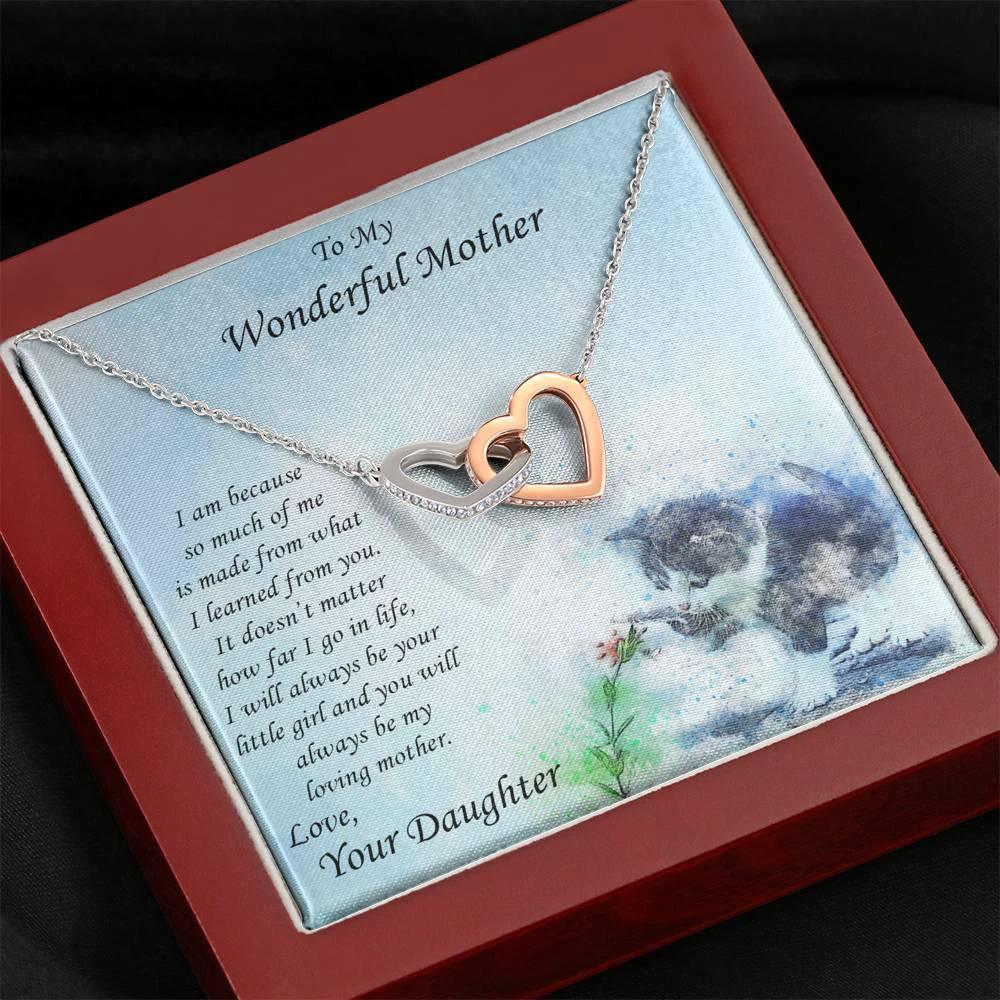 Gift for Mother from Daughter Gold and Silver Hearts Pendant Necklace on Kitten Message Card