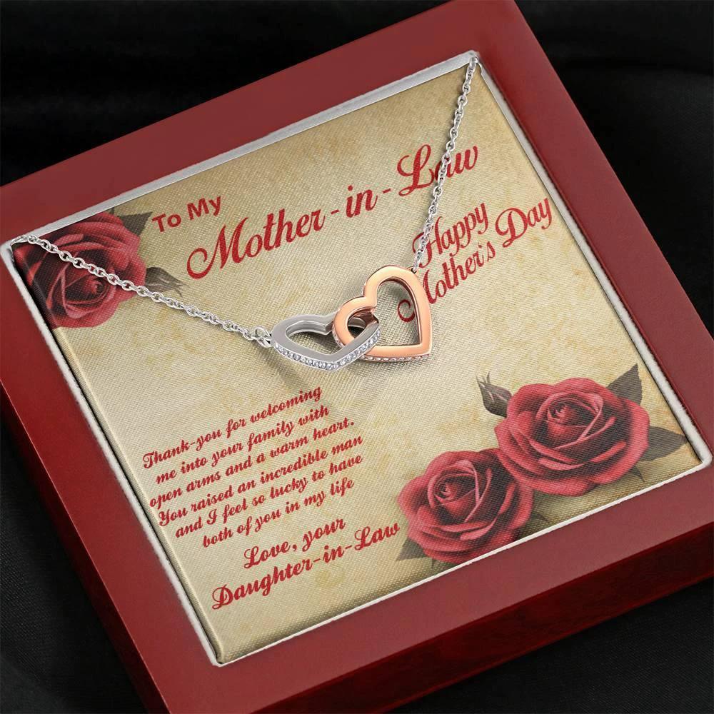 Mother's Day Gold and Silver Heart Necklace for Mother-in-Law from Daughter in Law with Message Card