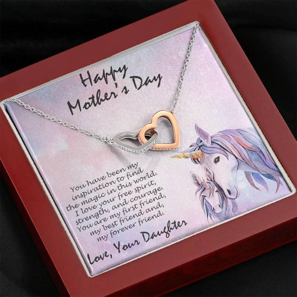 Mother's Day Gift from Daughter Gold and Silver Hearts Pendant Necklace on Unicorn Message Card