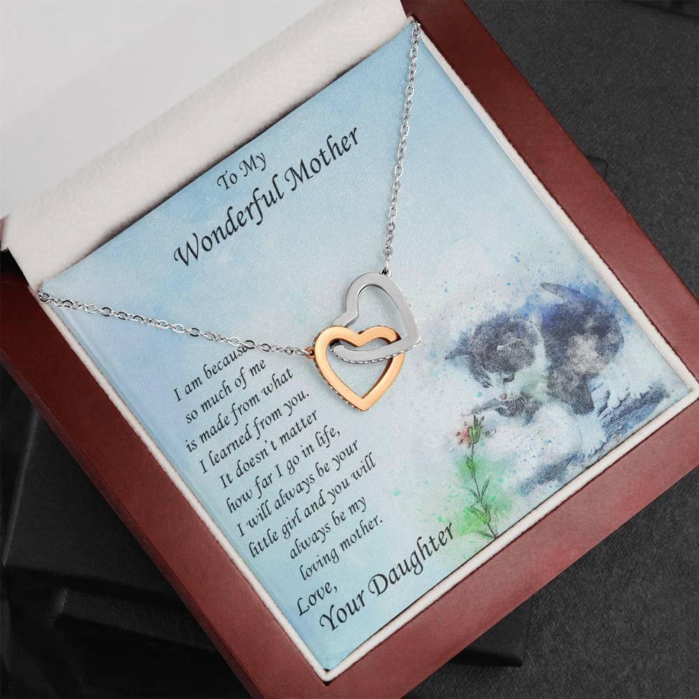 Gift for Mother from Daughter Gold and Silver Hearts Pendant Necklace on Kitten Message Card