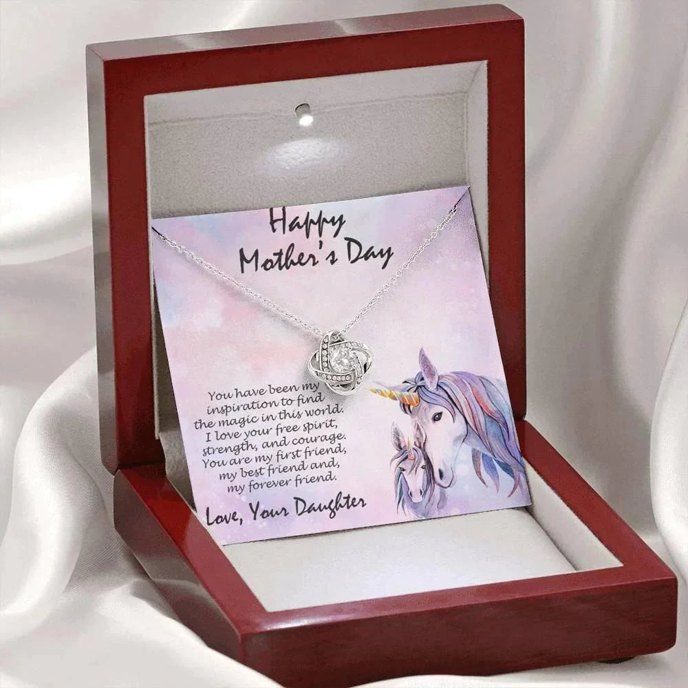 Mother's Day Gift from Daughter CZ Love Knot Pendant Necklace with Unicorn Message Card