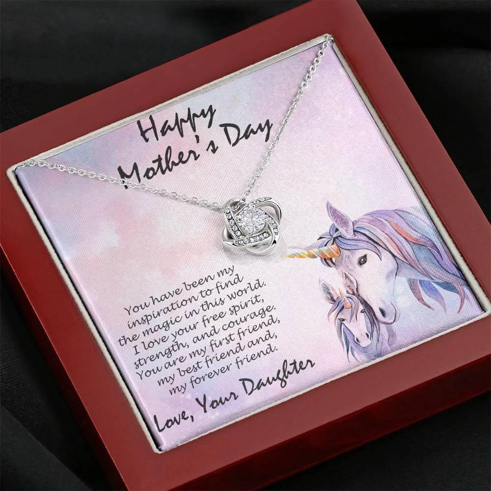 Mother's Day Gift from Daughter CZ Love Knot Pendant Necklace with Unicorn Message Card