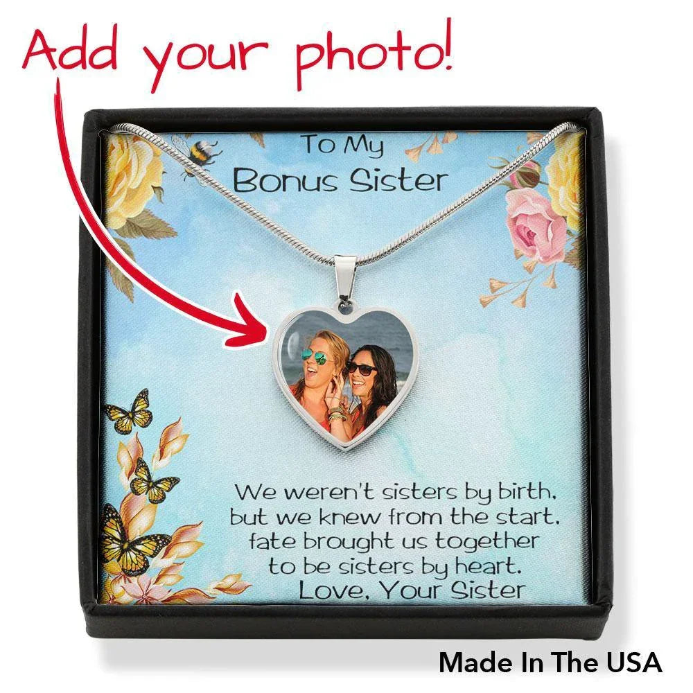 Bonus Sister Heart Photo Upload Pendant Necklace with Message Card Gift Box