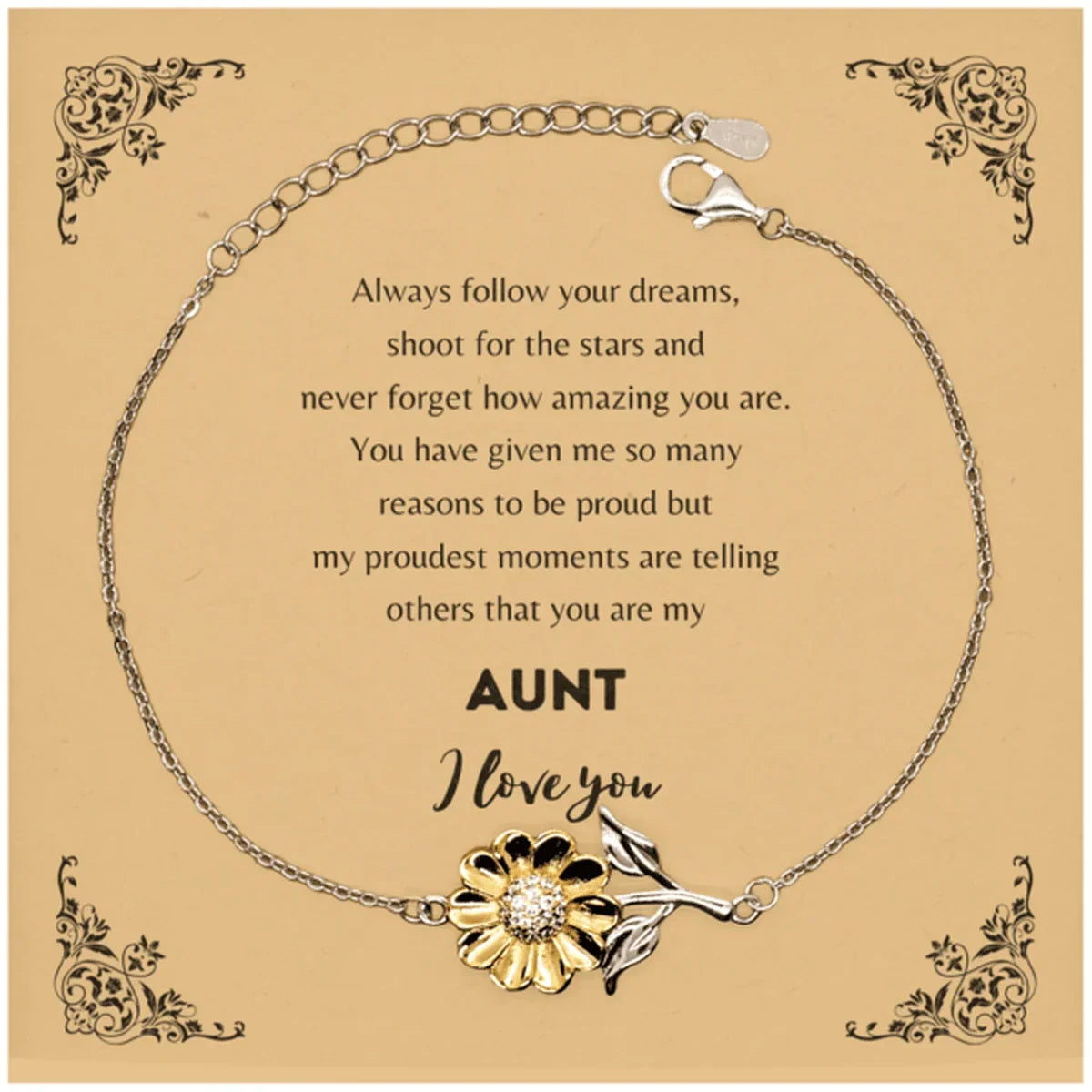 Aunt Sunflower Bracelet - Always Follow your Dreams - Birthday, Christmas Holiday Jewelry Gift