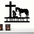 Cancer Ribbon Believe Cowgirl Kneeling at Cross Metal Art