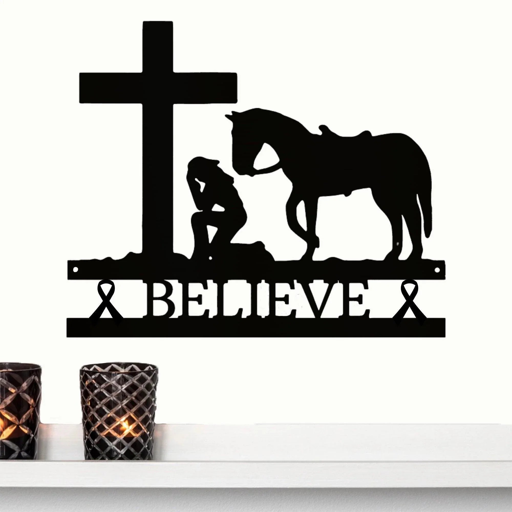 Cancer Ribbon Believe Cowgirl Kneeling at Cross Metal Art