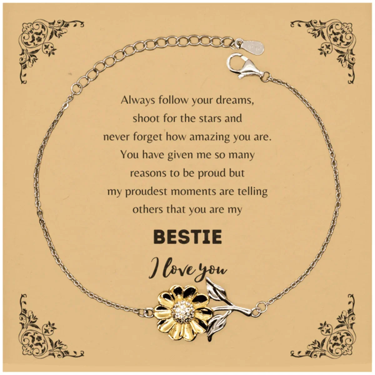 Bestie Sunflower Bracelet - Always Follow your Dreams - Birthday, Christmas Holiday Jewelry Gift