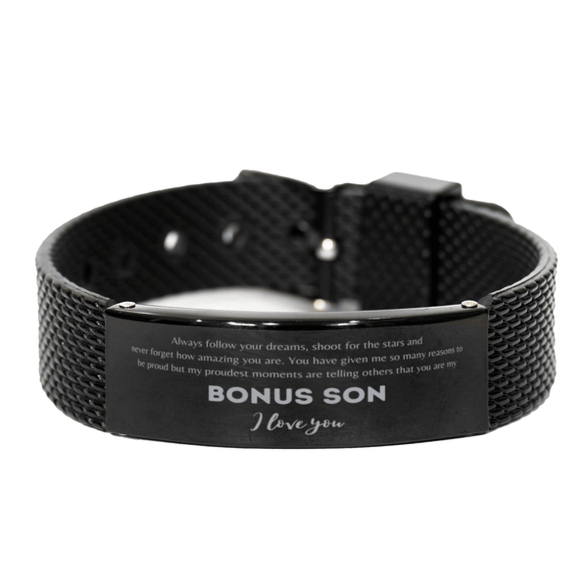 Black Shark Mesh Bracelet for Bonus Son Present, Bonus Son Always follow your dreams, never forget how amazing you are, Bonus Son Birthday Christmas Gifts Jewelry for Girls Boys Teen Men Women - Mallard Moon Gift Shop