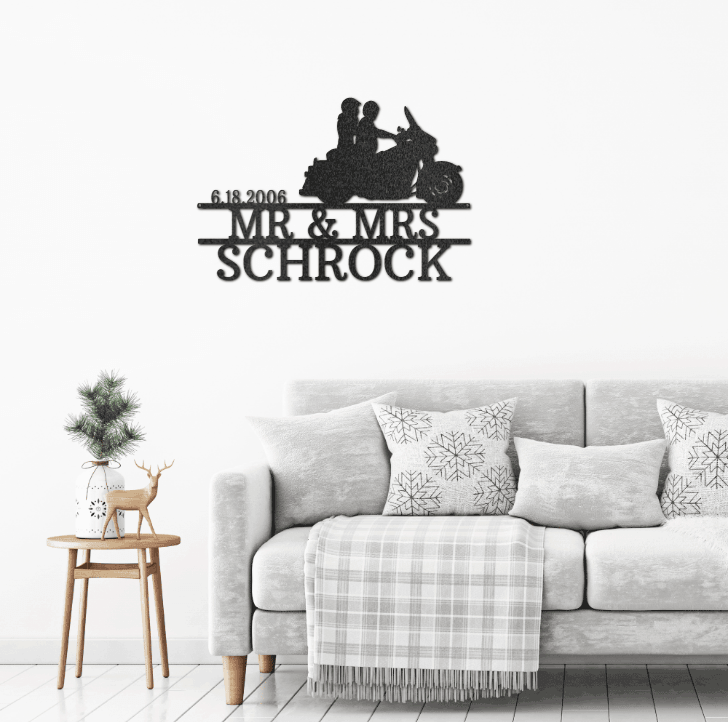Motorcycle Cruising Couple Custom Mr & Mrs Metal Art Wall Sign - Mallard Moon Gift Shop