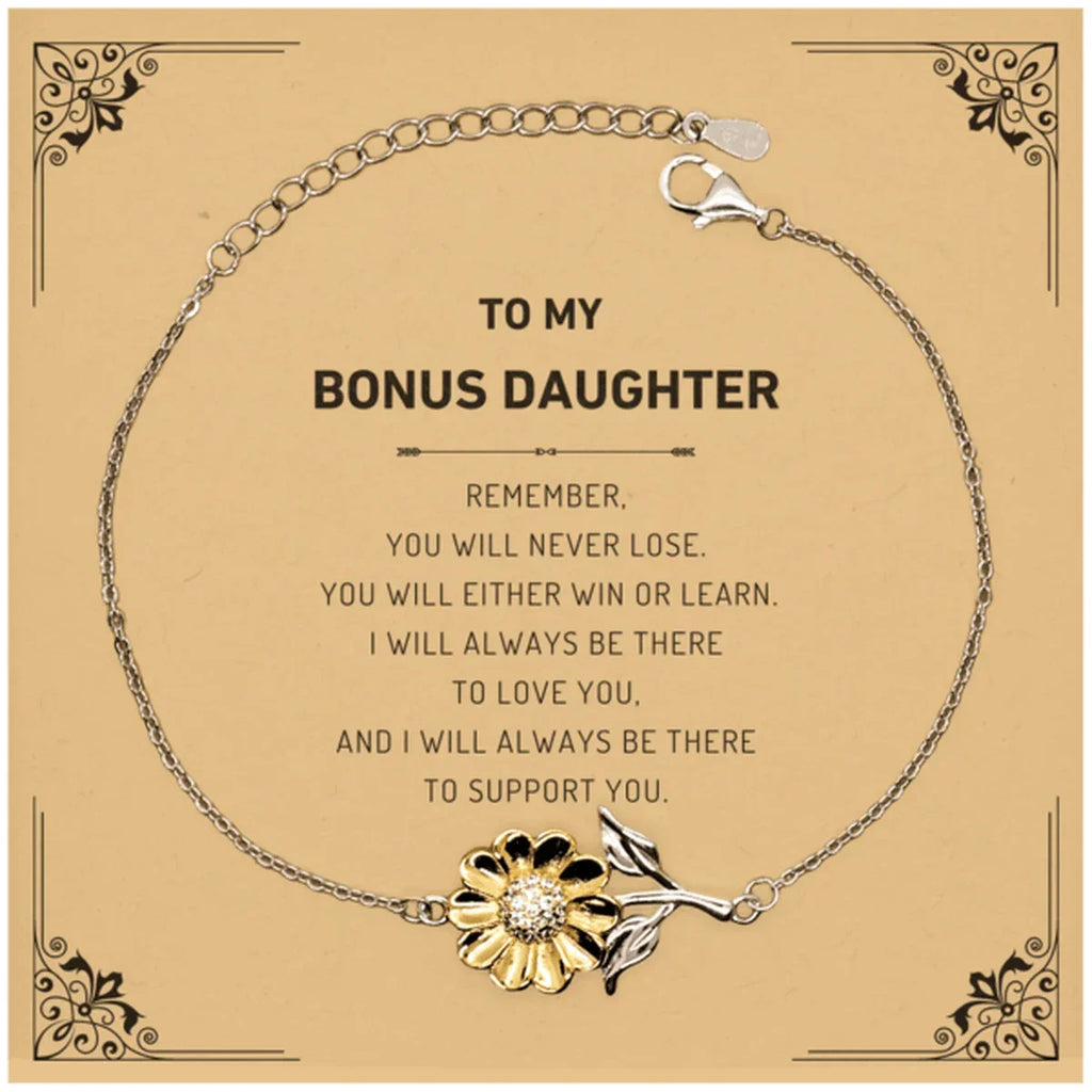 Bonus Daughter Gifts, To My Bonus Daughter Remember, you will never lose. You will either WIN or LEARN, Keepsake Sunflower Bracelet For Bonus Daughter Card, Birthday Christmas Gifts Ideas For Bonus Daughter X-mas Gifts